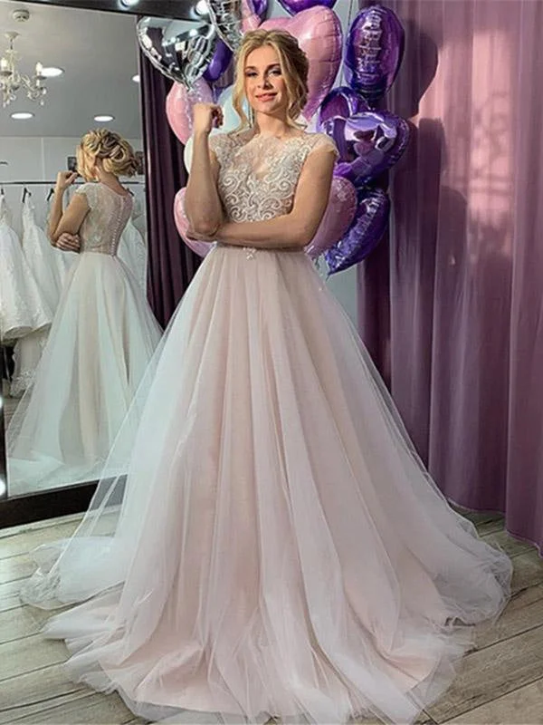 Romantic Short Sleeve Lace A-Line Wedding Dresses