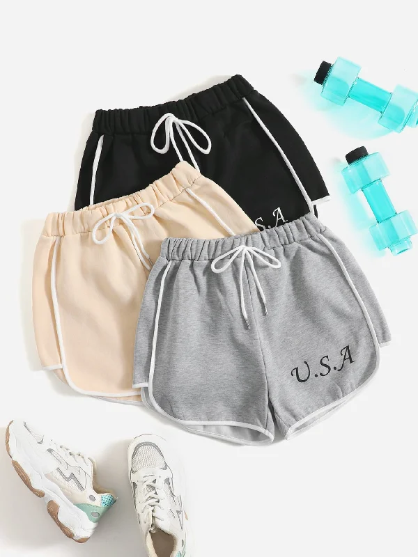 Sporty Letter Contrast Binding Natural Women Shorts