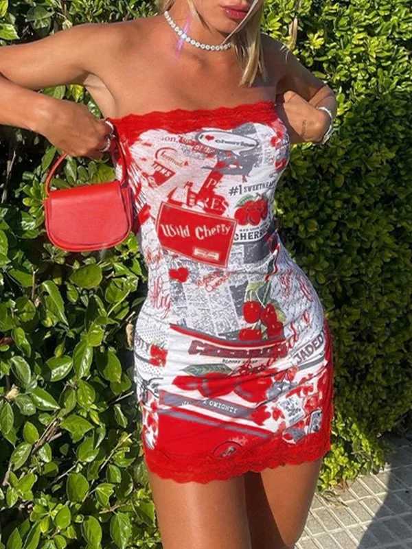 BerryBetty - Lace Trim Split Strapless Bodycon Mini Dress Stylish Women's Neon