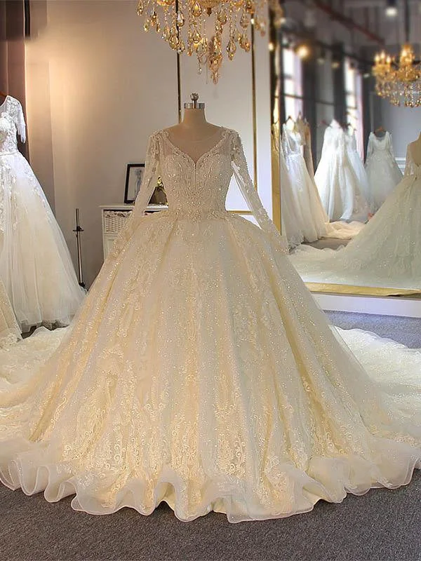 Shinny Long Sleeves Lace-Up Wedding Dresses with Full Beading Shinny Athletic Women's High - 