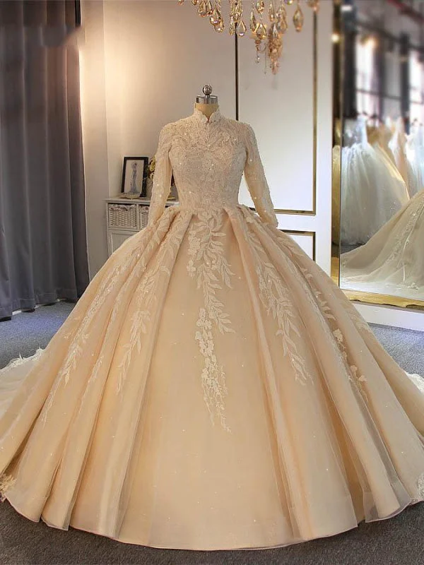 Exquisite High Collar Long Sleeve Lace-Up Ball Gown Wedding Dresses Sophisticated Women's 