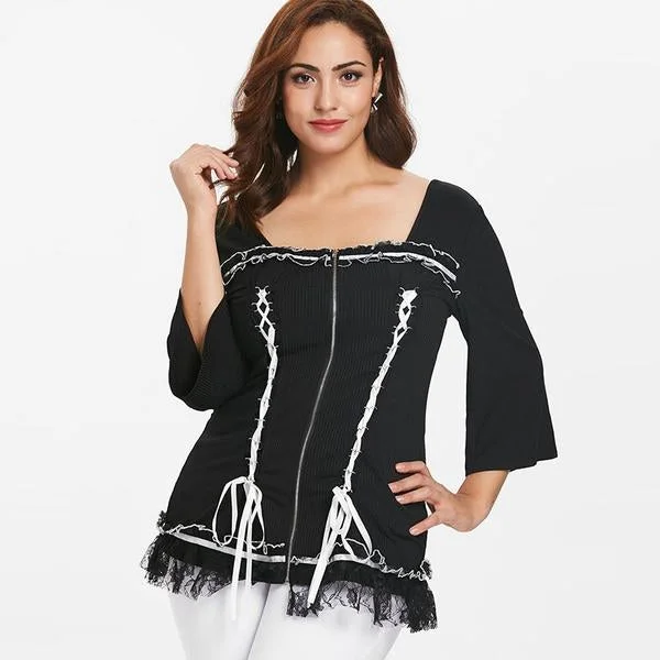 ANALUKE Plus Size Lace Up Panel Ribbed Long Sleeve T-Shirt Modern Women's 