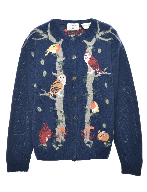 100% Wool Bird Design Cardigan - M Earthy Women's Hemp - based
