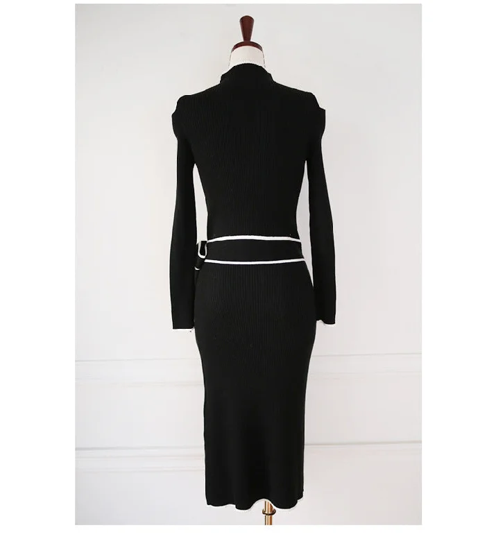 Lace-up Slip-shoulder Knitted Sweater Dress Monochromatic Office Style