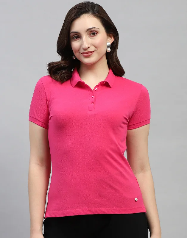 Women Pink Solid Polo Collar Half Sleeve T Shirt Relaxed Women's 