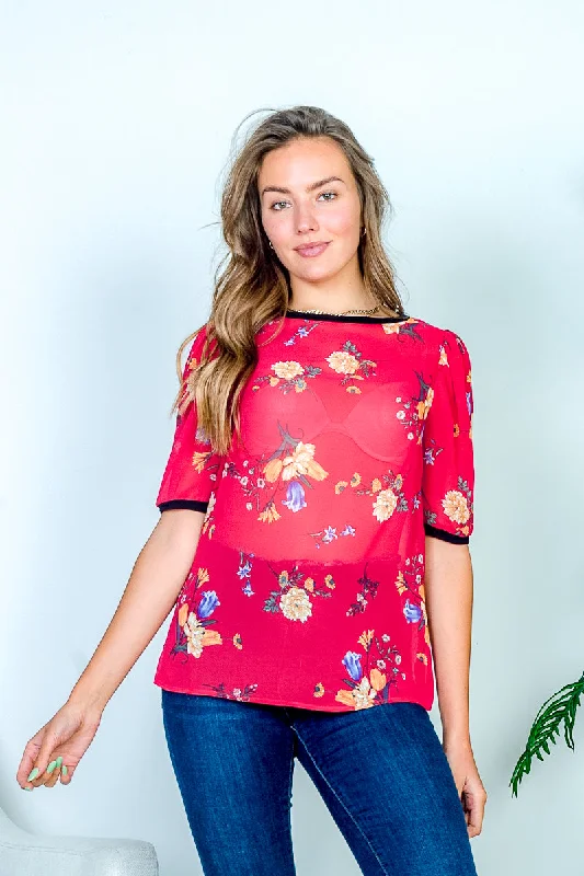 Jewel Neck Sheer Floral Print Blouse with Elbow Length Sleeves, Black Contrast Binding and Keyhole Back (HT9107) Feminine Women's Style 