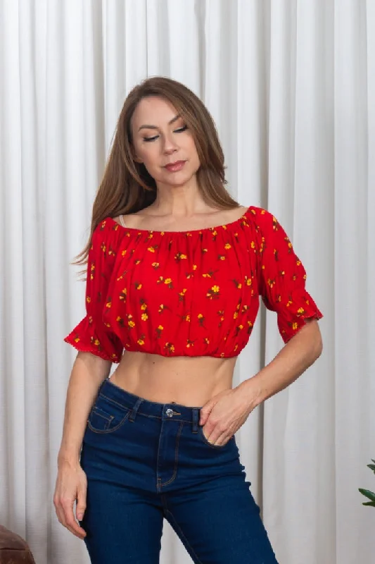 Floral Printed Short Sleeve Crop Top (185486) Traditional Women's 