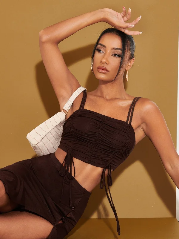 Sexy Plain Ruched Spaghetti Strap Crop Women Tank Top & Cami Practical Women's Quick - dry Sexy Plain Ruched Spaghetti Strap Crop Women Tank Top & Cami Practical Women's Quick - dry