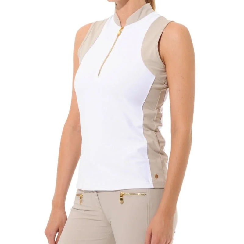 MDC S/L Zip Mock Neck Top - White/Taupe Sustainable Organic