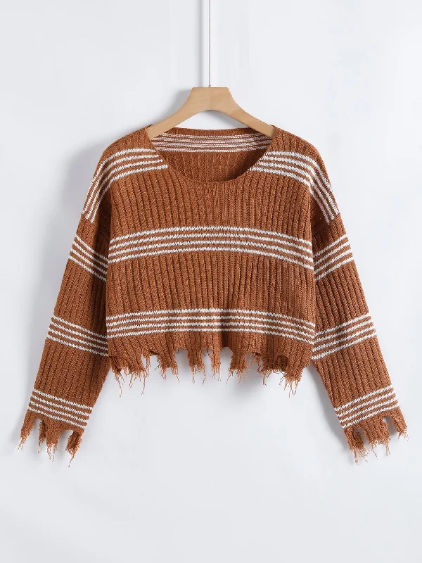 Casual Striped Rib-Knit Long Sleeve Round Neck Crop Women Sweater Edgy Women's Punk