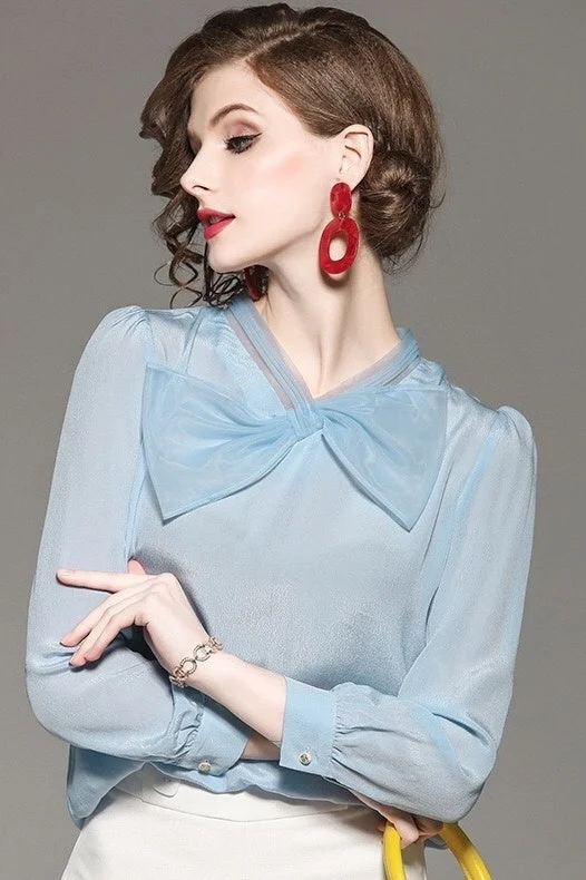 Blue Chiffon Blouse W/ Bow Tie