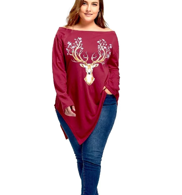 ANALUKE Christmas Off The Shoulder Long Sleeve T-Shirt