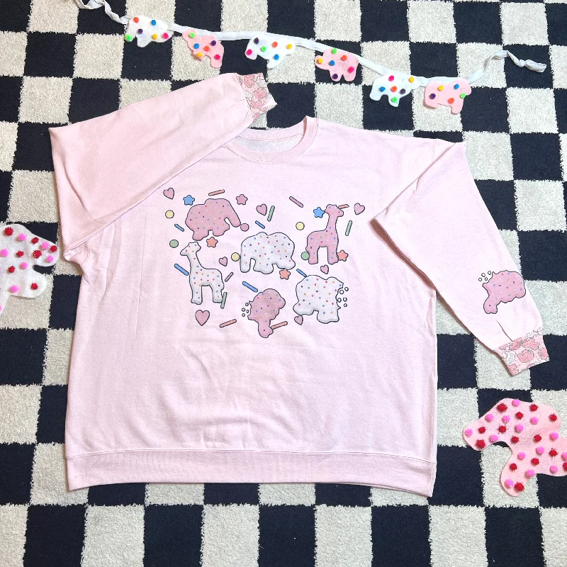 Pink Animal Cookie Retro Sweatshirt Artistic Women's Hand - painted
