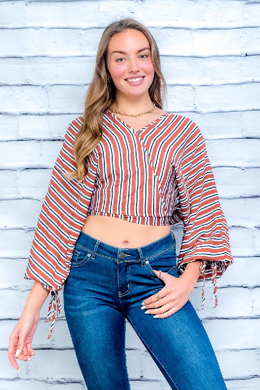 Multi Color Striped V-Neck Wrap Top with Long Billow Sleeves and Drawstrings (T15384) garde Multi Color Striped V-Neck Wrap Top with Long Billow Sleeves and Drawstrings (T15384) garde