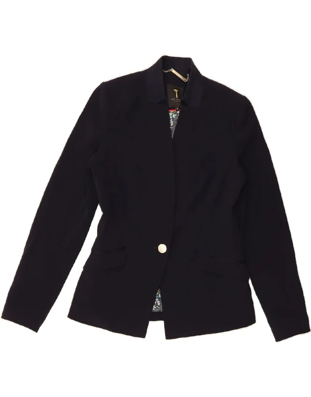 TED BAKER Womens 1 Button Blazer Jacket Size 2 Small Navy Blue Polyester Trendy Women's TED BAKER Womens 1 Button Blazer Jacket Size 2 Small Navy Blue Polyester Trendy Women's