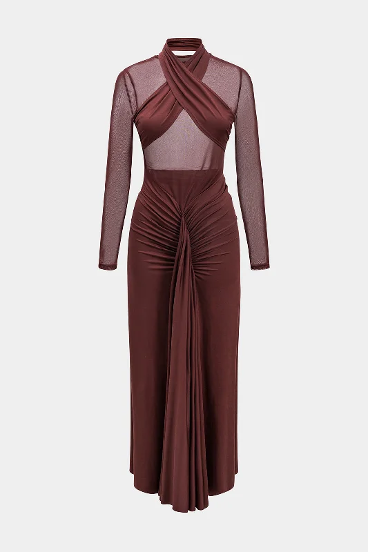 Mesh Pleated Sheer Crossed Long Sleeve Maxi Dress