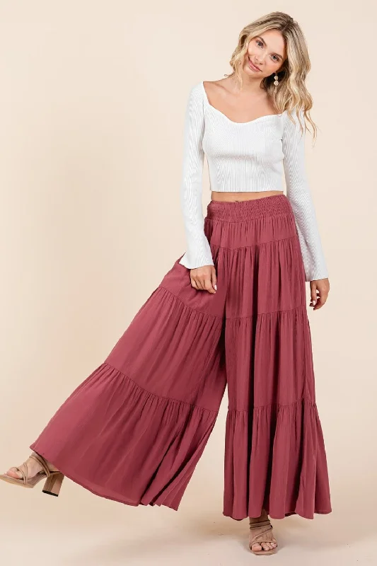 Tier Detail Smocked Elastic Waist Wide Leg Pants Traditional Women's Wool