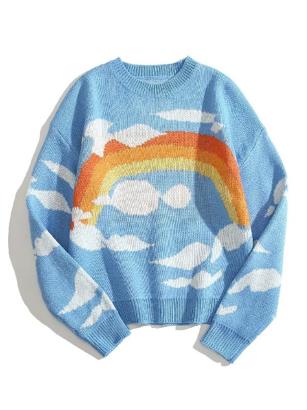 Casual Rainbow Stripe Long Sleeve Round Neck Regular Women Sweater Sleek Women's 
