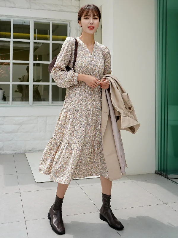 Ditsy Floral Ruffle Hem Long Sleeve V Neck Flounce High Waist Midi Dress