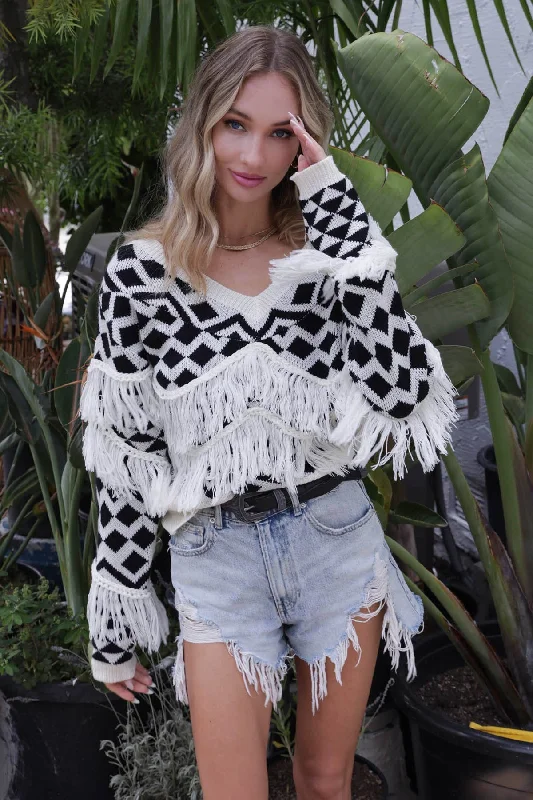 Checker Fringe Sweater Elegant Women's Formal 