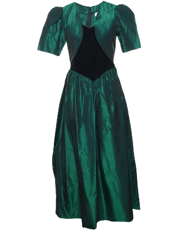 1980s Dark Green Evening Dress - S Geometric