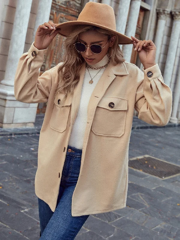 Plain Pocket Long Sleeve Collar Short Women Overcoat