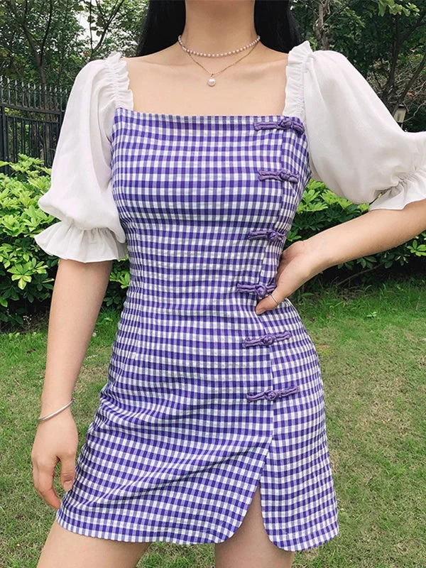 BerryBetty - Patchwork Checkered Puff Sleeve Mini Dress Business