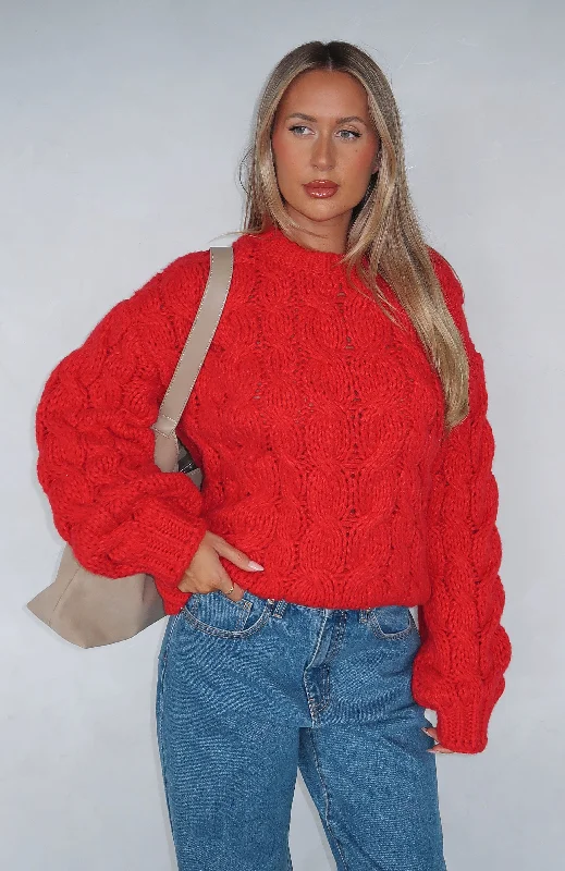Real Feelings Oversized Knit Sweater Cherry Red Relaxed Women's 