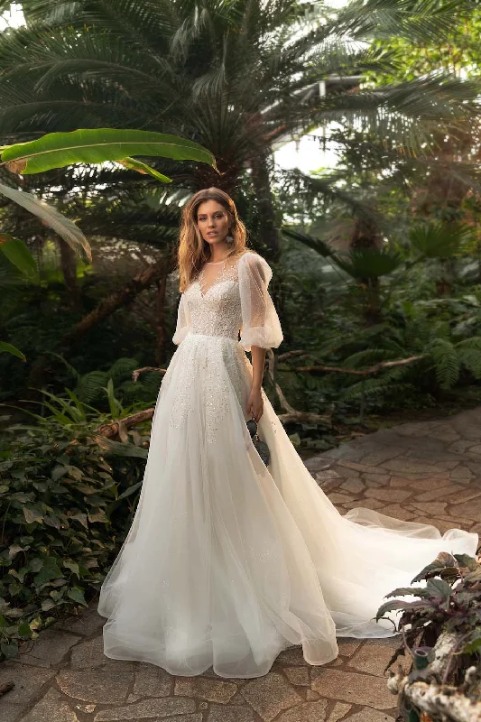 Made To Order #Ariel - Full Tulle A-Line Bridal Gown with Tulle Bishop Sleeve Edgy Women's Punk