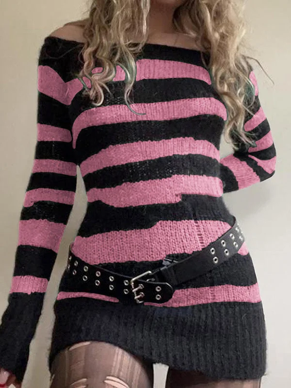 BerryBetty - Off Shoulder Striped Knitted Mini Dress Streetwear Style for 