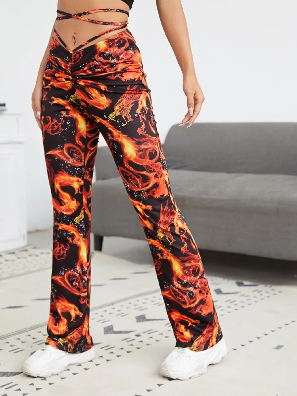 Casual Animal Tie Back Natural Long Women Pants