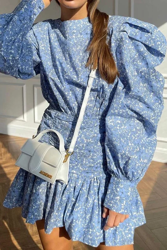 TastyHottie - Blue Puff Sleeve Gathered Ruffle Floral Dress Sleek Women's Metallic