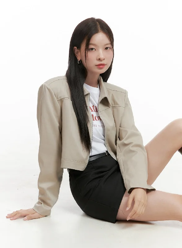 Zip-Up Solid Crop Jacket OG419 Cashmere