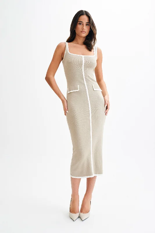 Eimear Contrast Knit Midi Dress - Taupe & Ivory Contemporary 