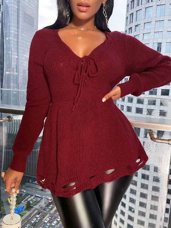 Casual Plain Knot Long Sleeve V Neck Regular Women Sweater Hip Women's Urban
