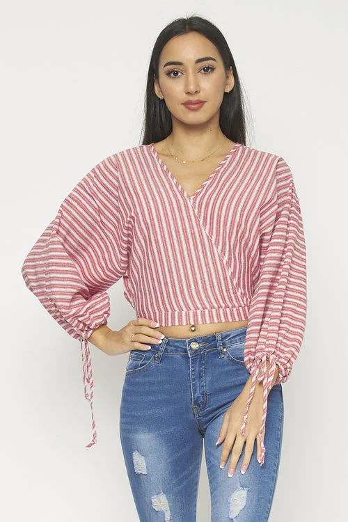 Surplice Pin Striped Wrap Top with Balloon Sleeves and Wrist Ties (T15255) Cozy Women's Winter Surplice Pin Striped Wrap Top with Balloon Sleeves and Wrist Ties (T15255) Cozy Women's Winter