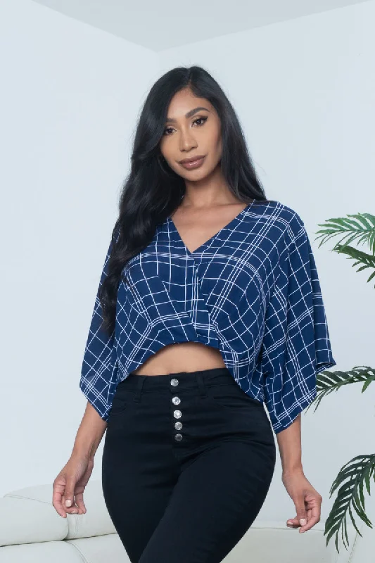 'A Star in Stripes' Window Pane Plaid Chiffon Surplice V Neck Dolman Sleeve Crop Top* (KT18127) Cashmere