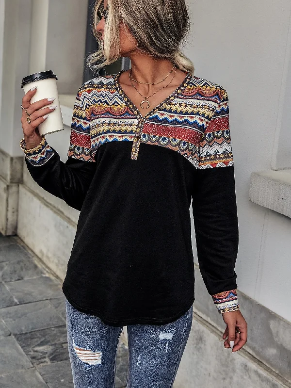 Casual Geometric Fake Buttons Long Sleeve V Neck Long Women Sweatshirt