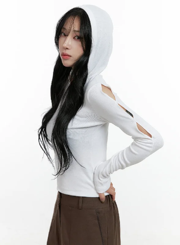 Hooded Cut Out Crop Top CN411 Trendy Women's Oversized