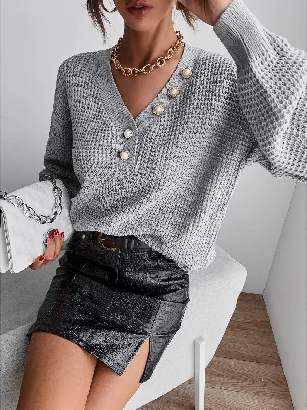 Casual Plain Button Long Sleeve V Neck Regular Women Sweater Dynamic Women's High - energy