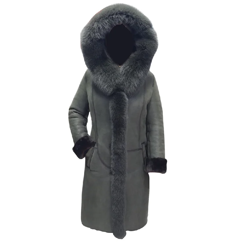 Pheobe's Grey Hooded Suede Shearling Jacket with fox fur Practical Women's Quick - dry