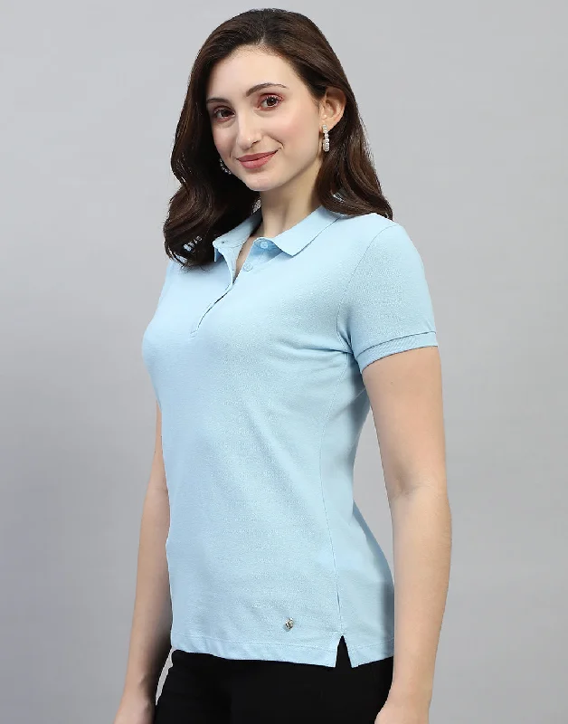 Women Sky Blue Solid Polo Collar Half Sleeve T Shirt Country