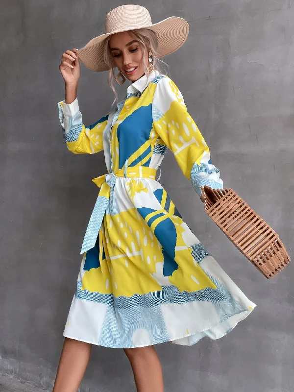 Graphic Belted Long Sleeve Collar Flared High Waist Knee Length Dress Athletic Women's 