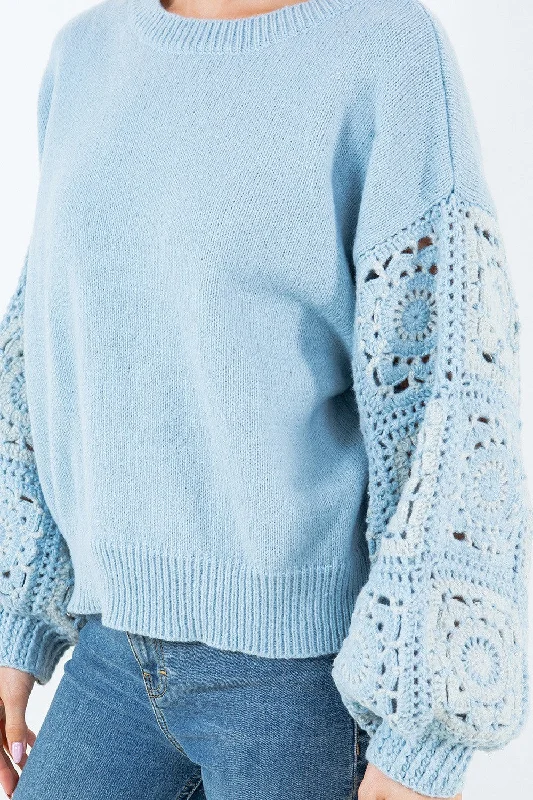 Crochet Sleeves Powder Blue Sweater Refined Women's Velvet
