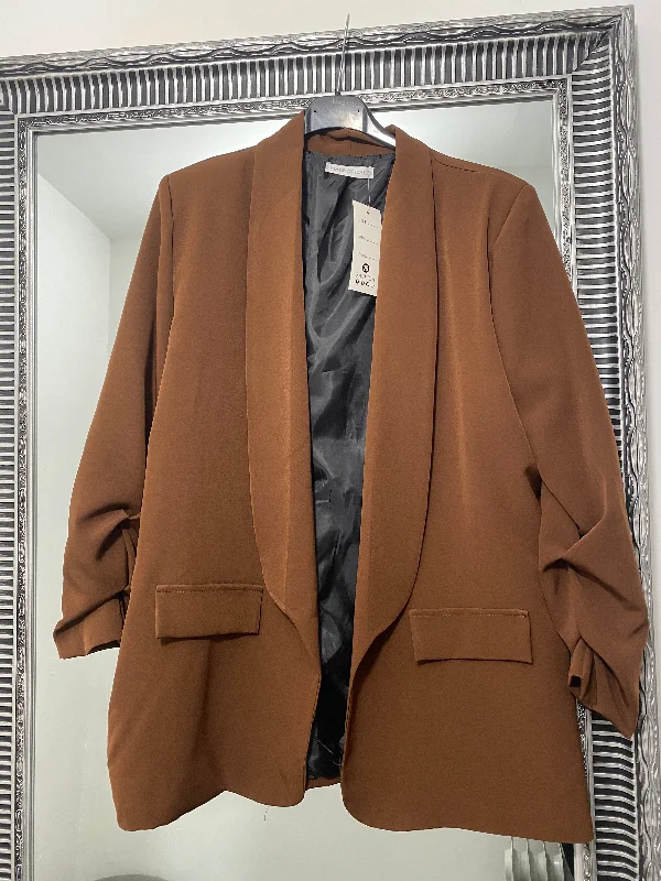 Brown ruched sleeve open blazer