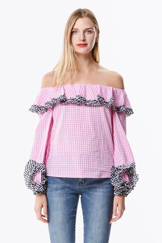 Off The Shoulder Gingham Blouse Cozy Women's Sherpa - lined
