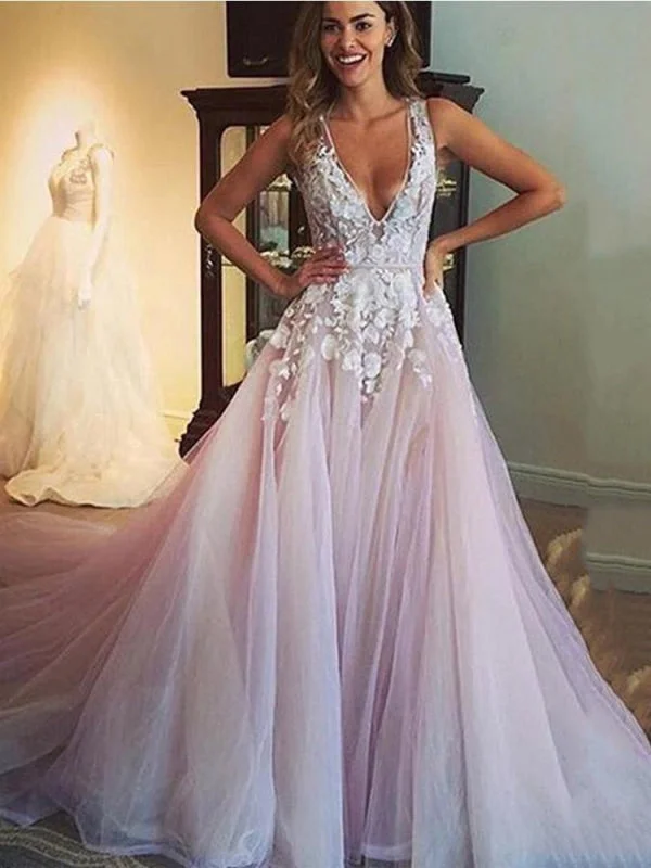 Elegant V Neck Tulle A-Line Wedding Dresses Country