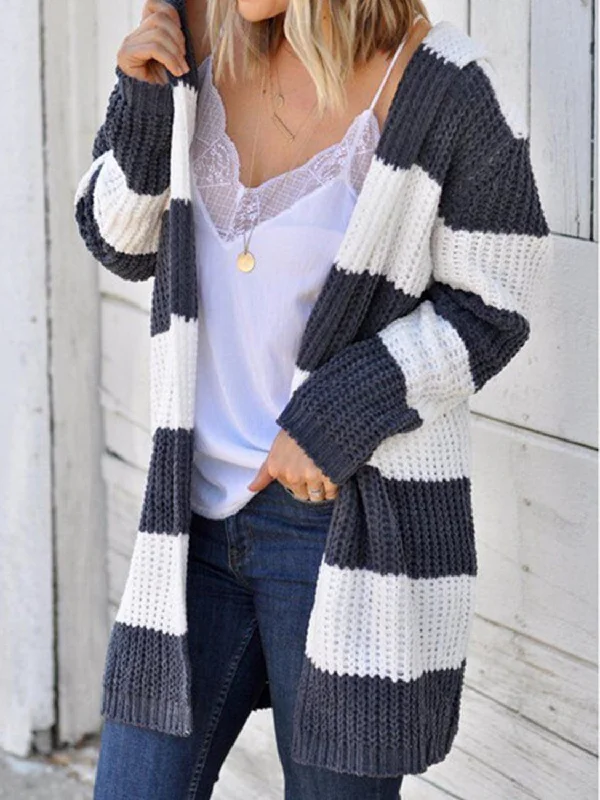 Striped Open Front Hooded Cardigan Adventure