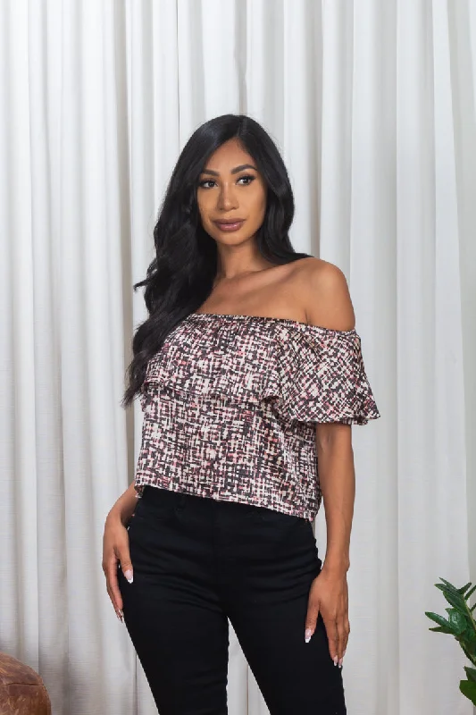 'Art Nouveau' Multi Color Satin Off Shoulder Crop Top with Ruffle Overlay* (161417) Refined Women's 