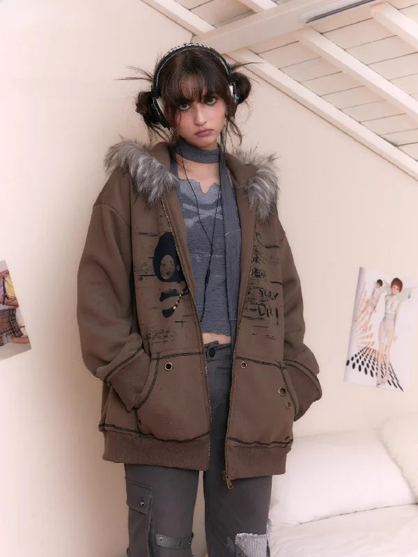 American Retro Fur Collar Loose Oversize Design Niche Coat Zip Up Hoody Unique Women's Upcycled